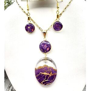 Purple Resin Necklace Earrings Set Gold Tone Galaxy Statement Jewelry